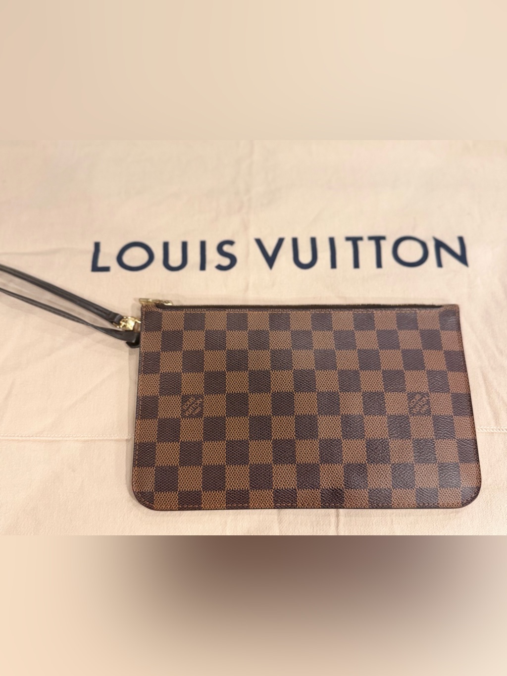 Authentic Louis Vuitton Damier Ebene Neverfull Wristlet